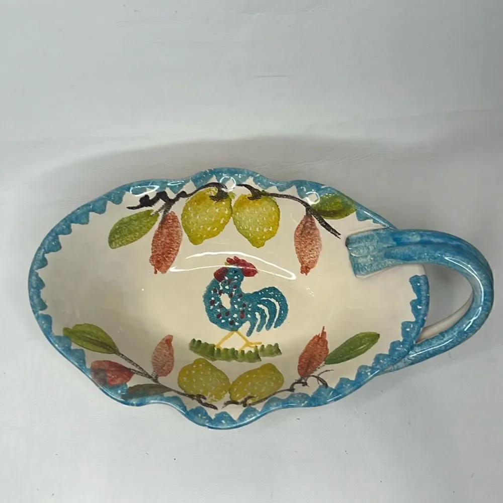 MC Ceramic Michele Favolose Rooster Vine Blue Cream Gravy Sauce Serving Boat